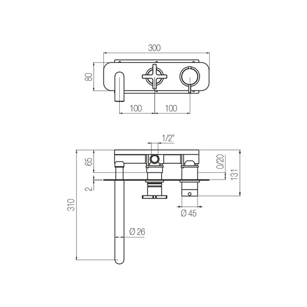  Vòi bồn tắm gắn tường điều chỉnh nhiệt độ 3 lỗ 2 đầu ra dài 240mm bằng đồng Hugò - ETH5 