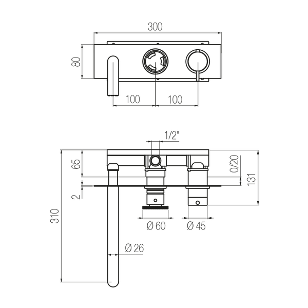  Vòi bồn tắm gắn tường điều chỉnh nhiệt độ 3 lỗ 2 đầu ra dài 240mm bằng đồng Tibò - ETO5 