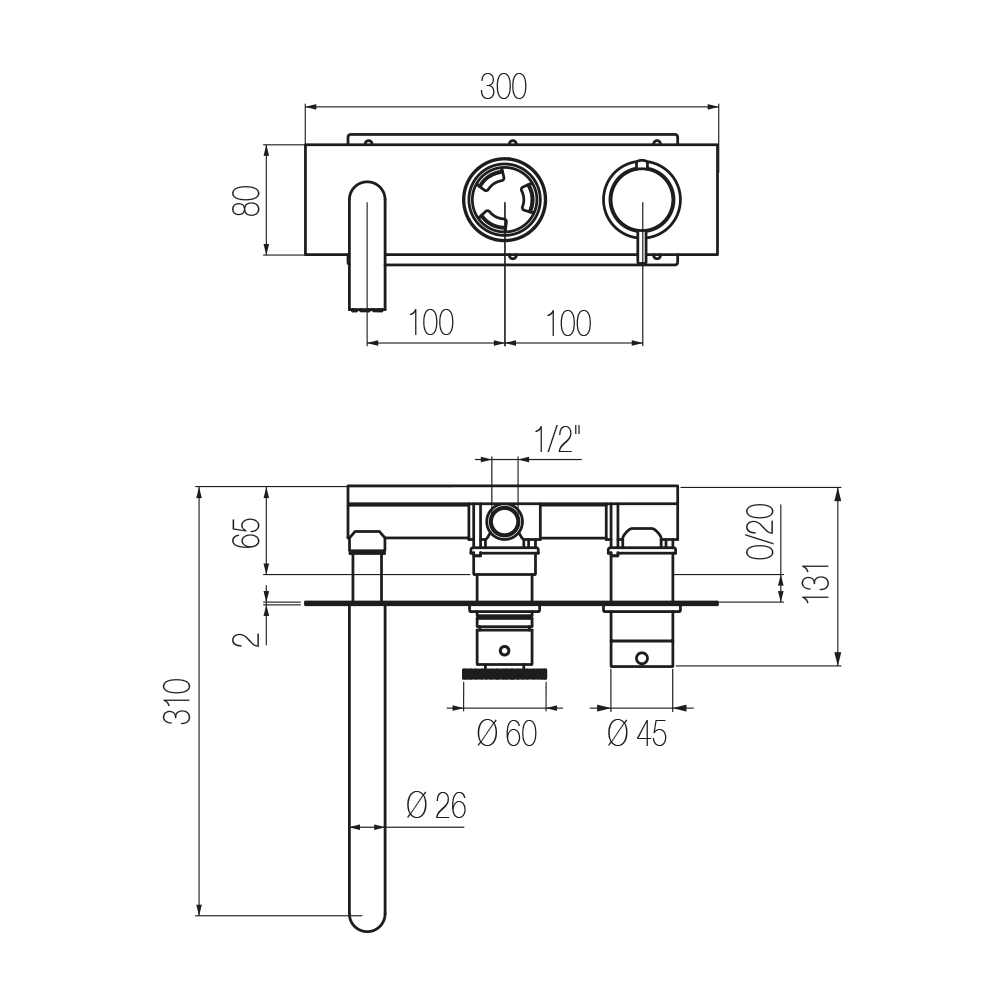  Vòi bồn tắm gắn tường điều chỉnh nhiệt độ 3 lỗ 2 đầu ra dài 240mm bằng đồng Tibò - ETO5 