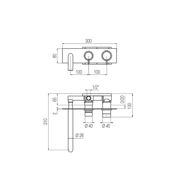  Vòi bồn tắm gắn tường điều chỉnh nhiệt độ 3 lỗ 2 đầu ra dài 240mm bằng đồng Minimè - ETQ5 