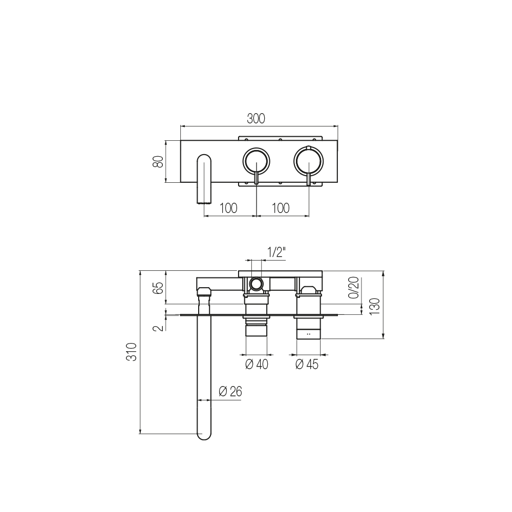  Vòi bồn tắm gắn tường điều chỉnh nhiệt độ 3 lỗ 2 đầu ra dài 240mm bằng đồng Minimè - ETQ5 