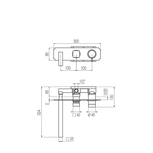  Vòi bồn tắm gắn tường điều chỉnh nhiệt độ 3 lỗ 2 đầu ra dài 250mm bằng đồng Rajia - ETR5 