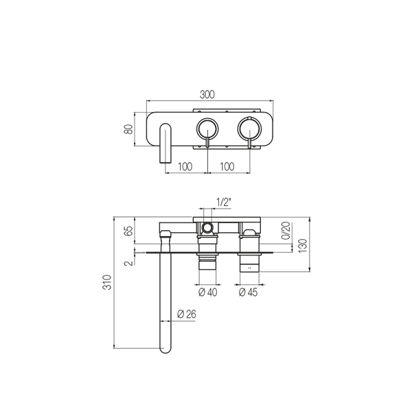  Vòi bồn tắm gắn tường điều chỉnh nhiệt độ 3 lỗ 2 đầu ra dài 240mm bằng đồng Koè - ETT5 