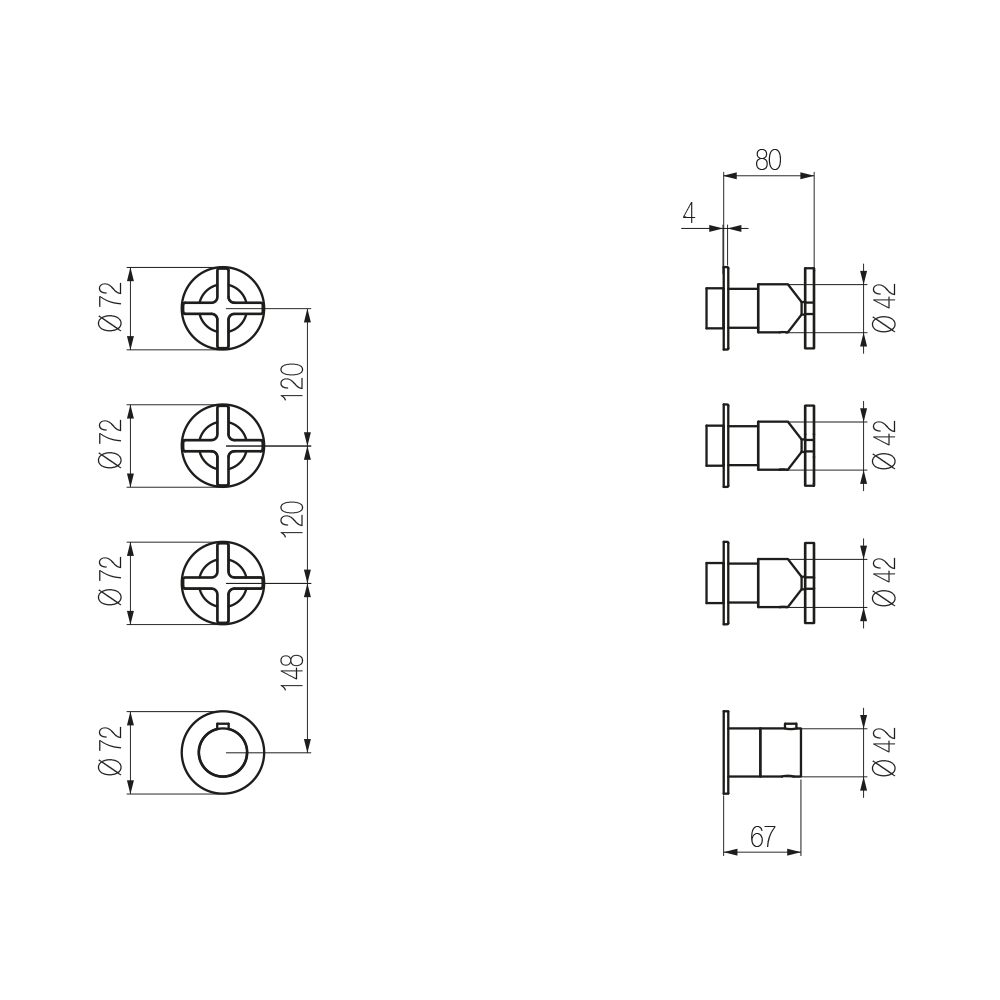  External Part - Bộ trộn điều chỉnh nhiệt độ 4 đầu ra bằng đồng Hugò - Geda Wellness - GHN43 