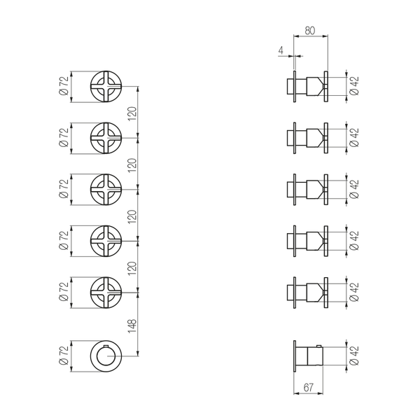  External Part - Bộ trộn điều chỉnh nhiệt độ 5 đầu ra bằng đồng Hugò - Geda Wellness - GHN44 