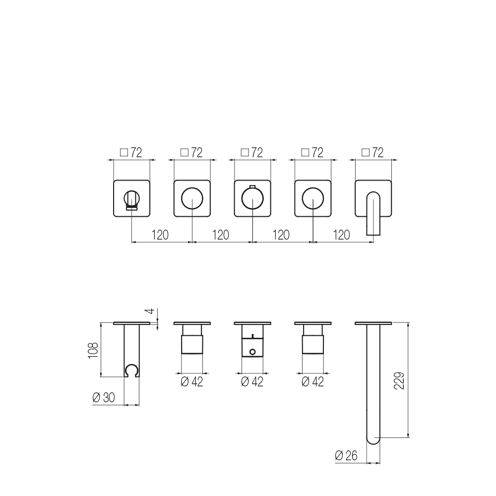  Vòi bồn tắm gắn tường điều chỉnh nhiệt độ 5 lỗ dài 229mm (không bao gồm vòi sen cầm tay) bằng đồng Minimè - GPM52 