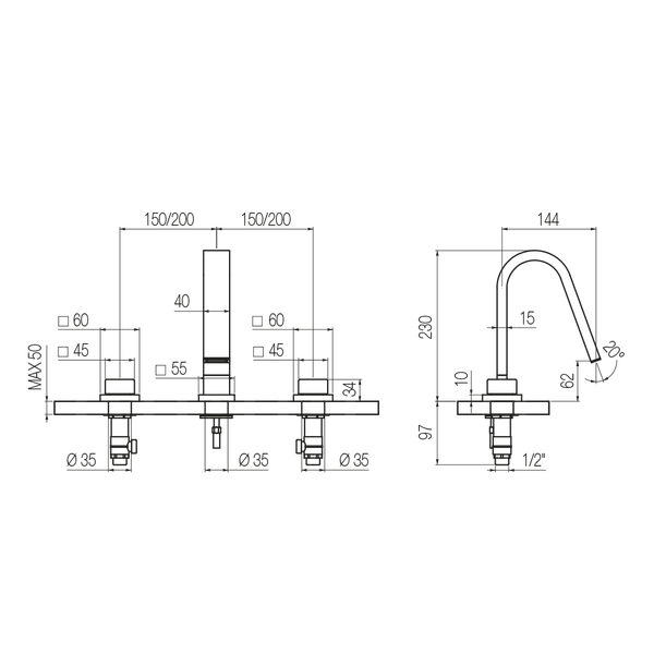  Vòi chậu lavabo cao 230mm 3 lỗ bằng đồng Hito Quarantuno - H4U12 