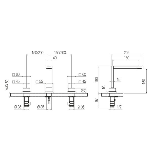  Vòi chậu lavabo 3 lỗ cao 180mm bằng đồng Hito Cinquantuno - H5P12 