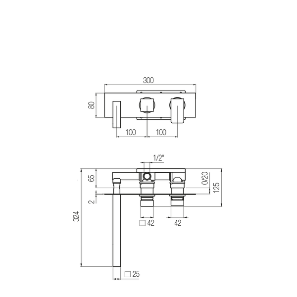  Vòi bồn tắm gắn tường 3 lỗ 2 đầu ra dài 250mm bằng đồng Hito Cinquantuno - H5T82 