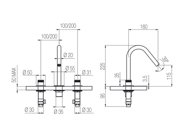  Vòi chậu lavabo xoay 3 lỗ cao 220mm bằng stainless steel Hiro - HIR23 