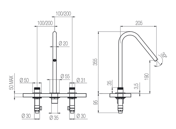  Vòi chậu lavabo xoay 3 lỗ cao 350mm bằng stainless steel Hiro - HIR24 