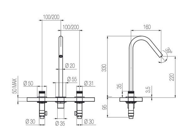  Vòi chậu lavabo xoay 3 lỗ cao 330mm bằng stainless steel Hiro - HIR25 