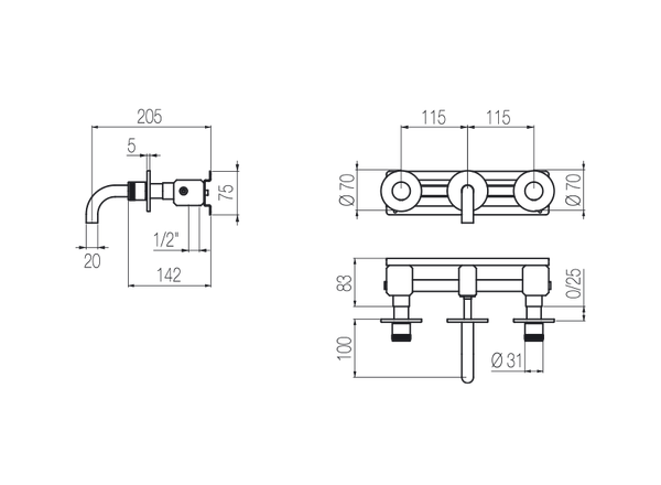  Vòi chậu lavabo gắn tường 3 lỗ dài 100mm bằng stainless steel Hiro - HRN27 