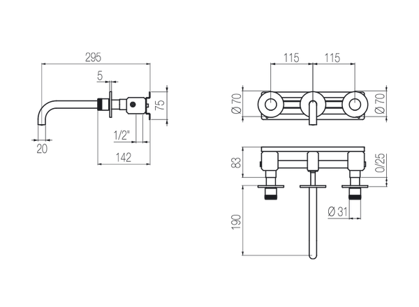  Vòi chậu lavabo gắn tường 3 lỗ dài 190mm bằng stainless steel Hiro - HRN28 