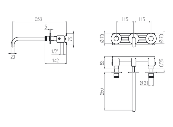  Vòi chậu lavabo gắn tường 3 lỗ dài 250mm bằng stainless steel Hiro - HRN29 