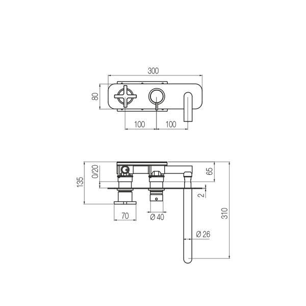  Vòi bồn tắm gắn tường 3 lỗ 2 đầu ra dài 240mm bằng đồng Hugò - HUG82 
