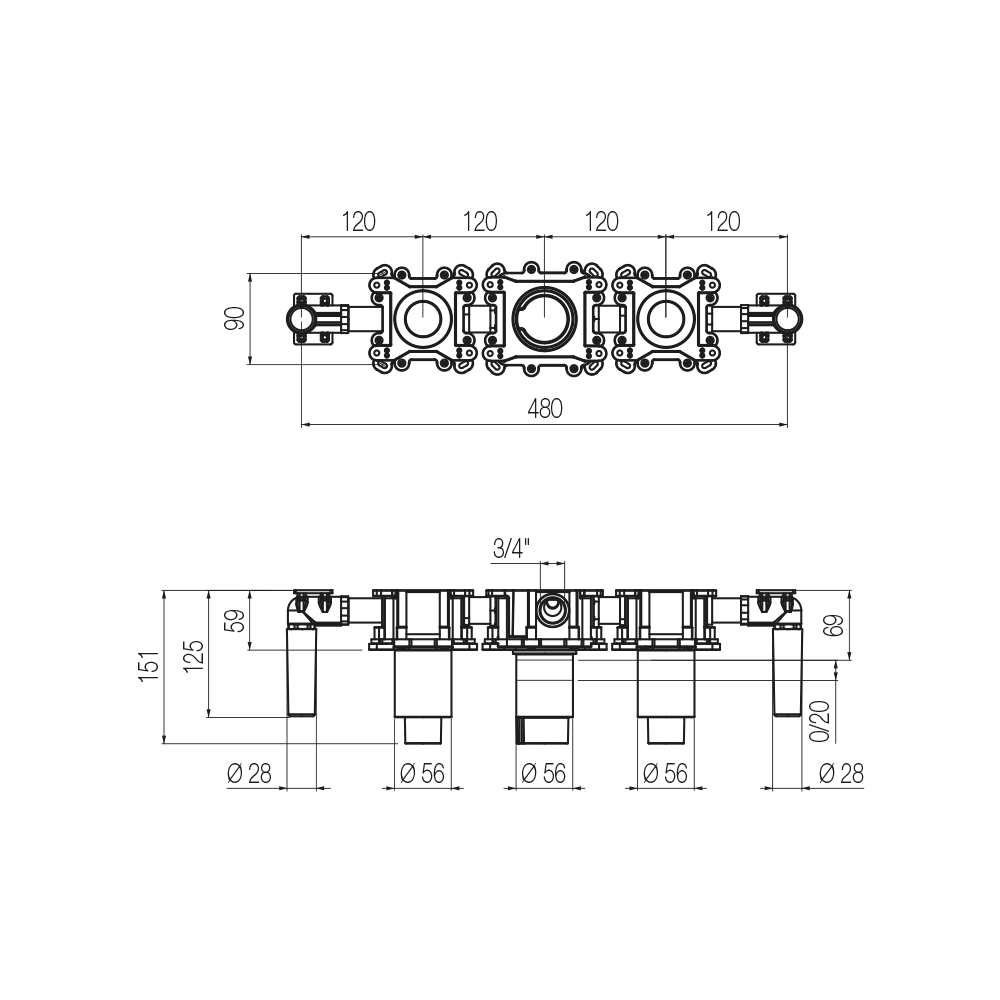  Vòi bồn tắm gắn tường điều chỉnh nhiệt độ 5 lỗ dài 229mm (không bao gồm vòi sen cầm tay) bằng đồng Minimè - GPM52 