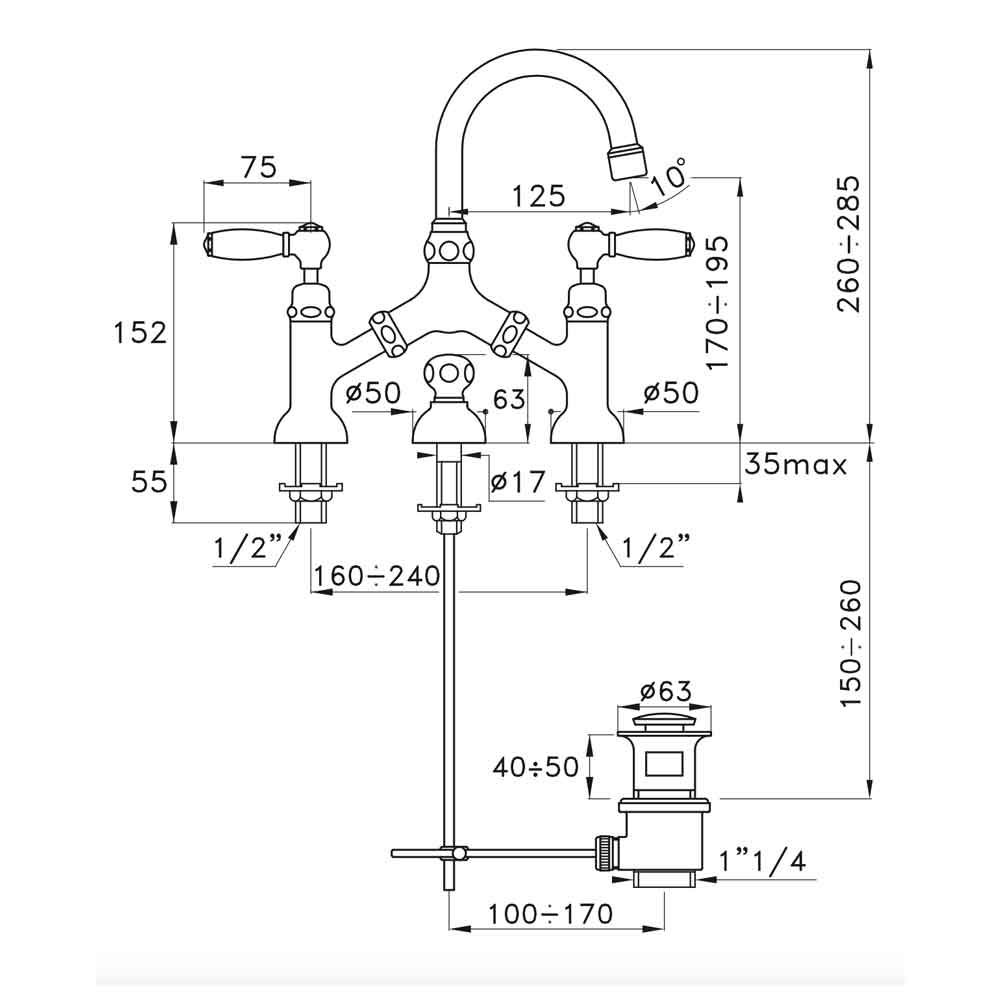  Vòi chậu lavabo cổ điển 2 lỗ bằng đồng Italica Leve - 3215-351 