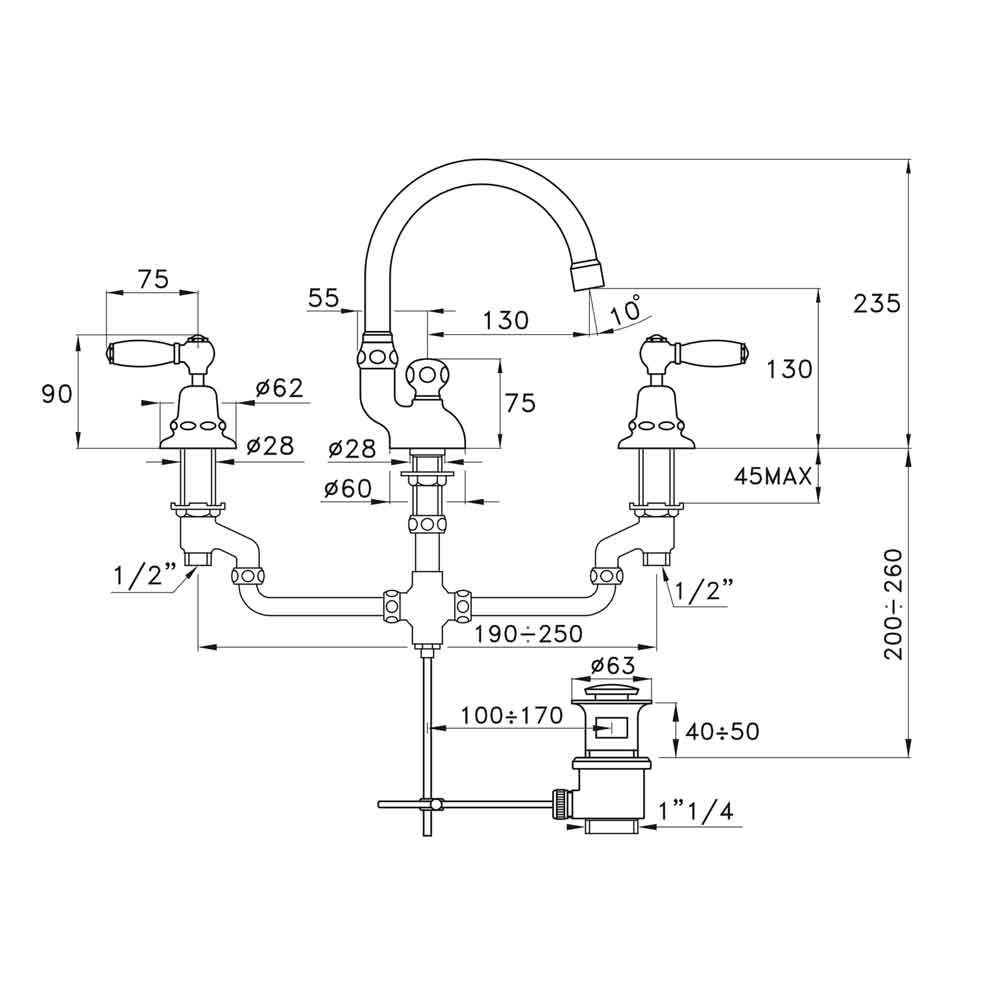  Vòi chậu lavabo cổ điển cao 235mm bằng đồng Italica Leve - 3225 