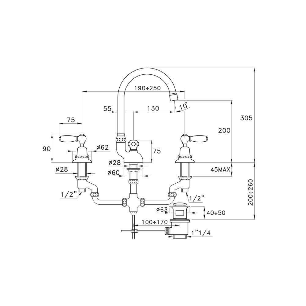  Vòi chậu lavabo cổ điển cao 305mm bằng đồng Italica Leve - 3226 