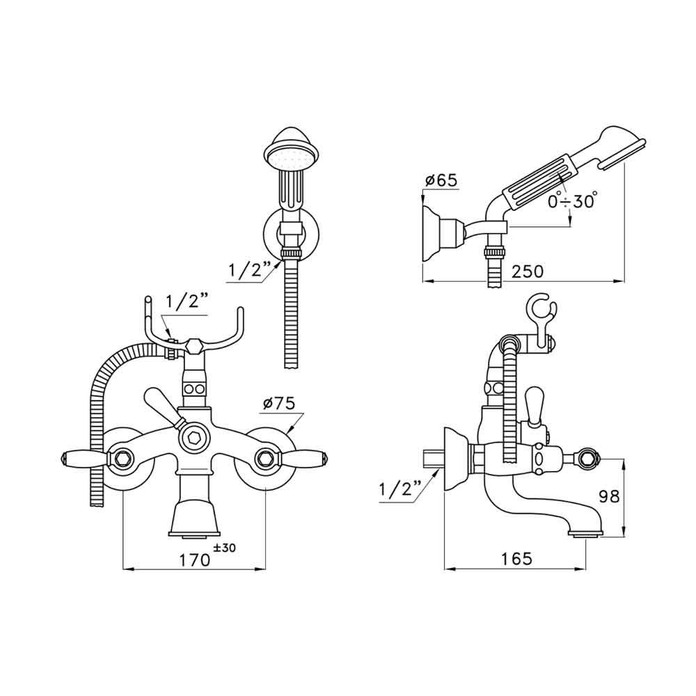 Vòi bồn tắm gắn tường có sen cầm tay cổ điển bằng đồng Italica Leve - 3274-305-6 