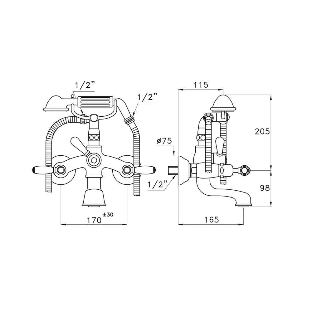  Vòi bồn tắm gắn tường có sen cầm tay cổ điển bằng đồng Italica Leve - 3274-306 