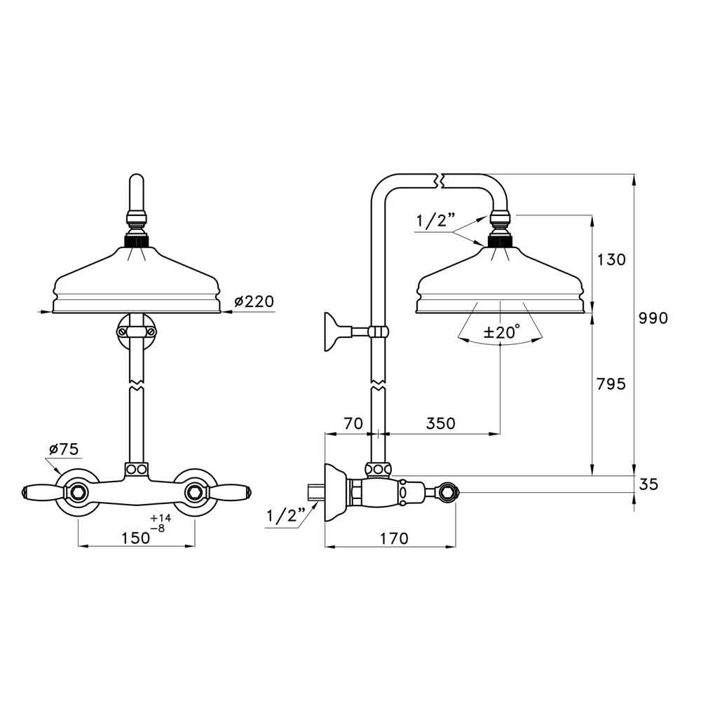  Sen cây gắn tường bát sen Ø220mm cổ điển bằng đồng Italica Leve - 3283-301-314A-220 