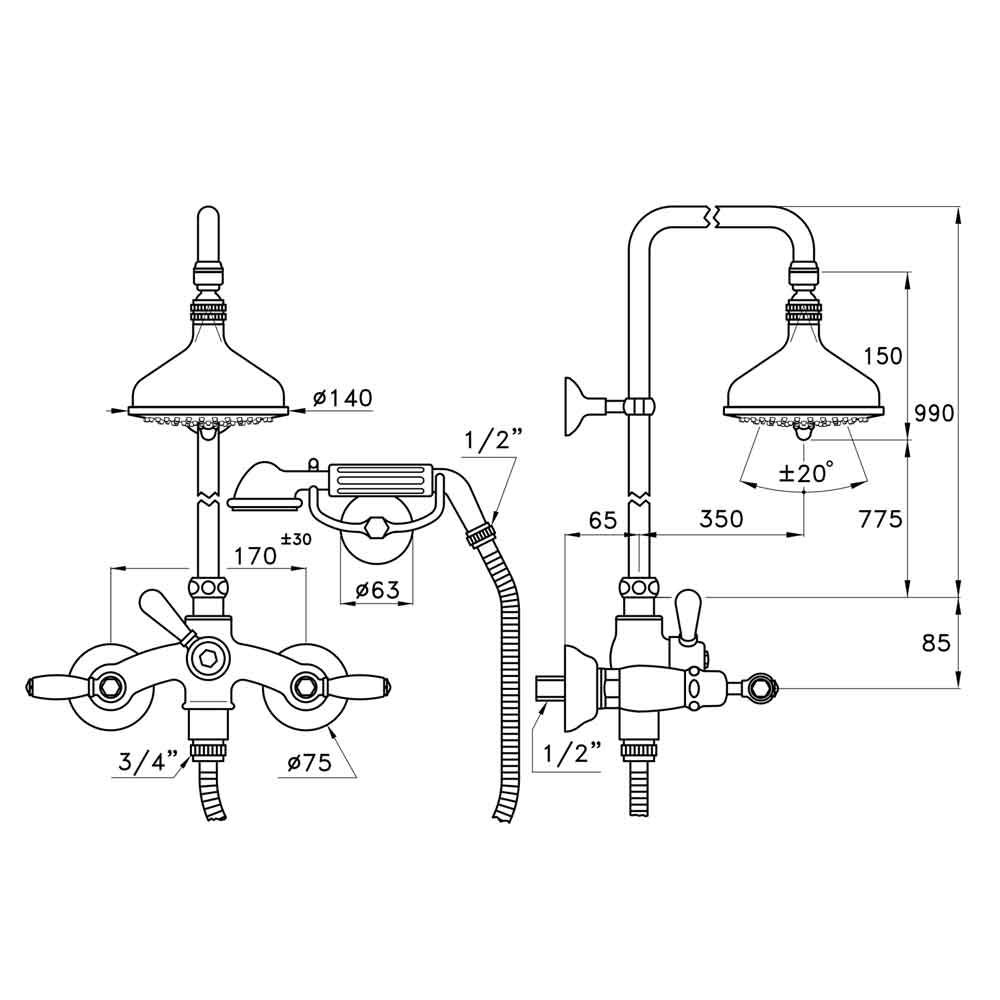  Sen cây gắn tường bát sen Ø140mm với vòi sen cầm tay cổ điển bằng đồng Italica Leve - 3284-33-140 