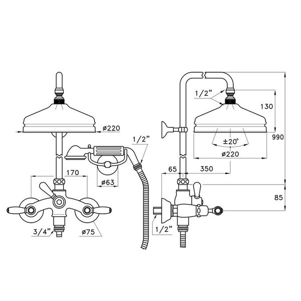  Sen cây gắn tường bát sen Ø220mm với vòi sen cầm tay cổ điển bằng đồng Italica Leve - 3284-33-220 