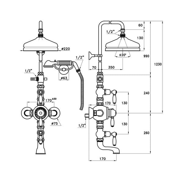  Sen cây điều chỉnh nhiệt độ bát sen Ø220mm sen cầm tay và vòi cấp nước cổ điển bằng đồng Italica Leve - IS3274-33-220 