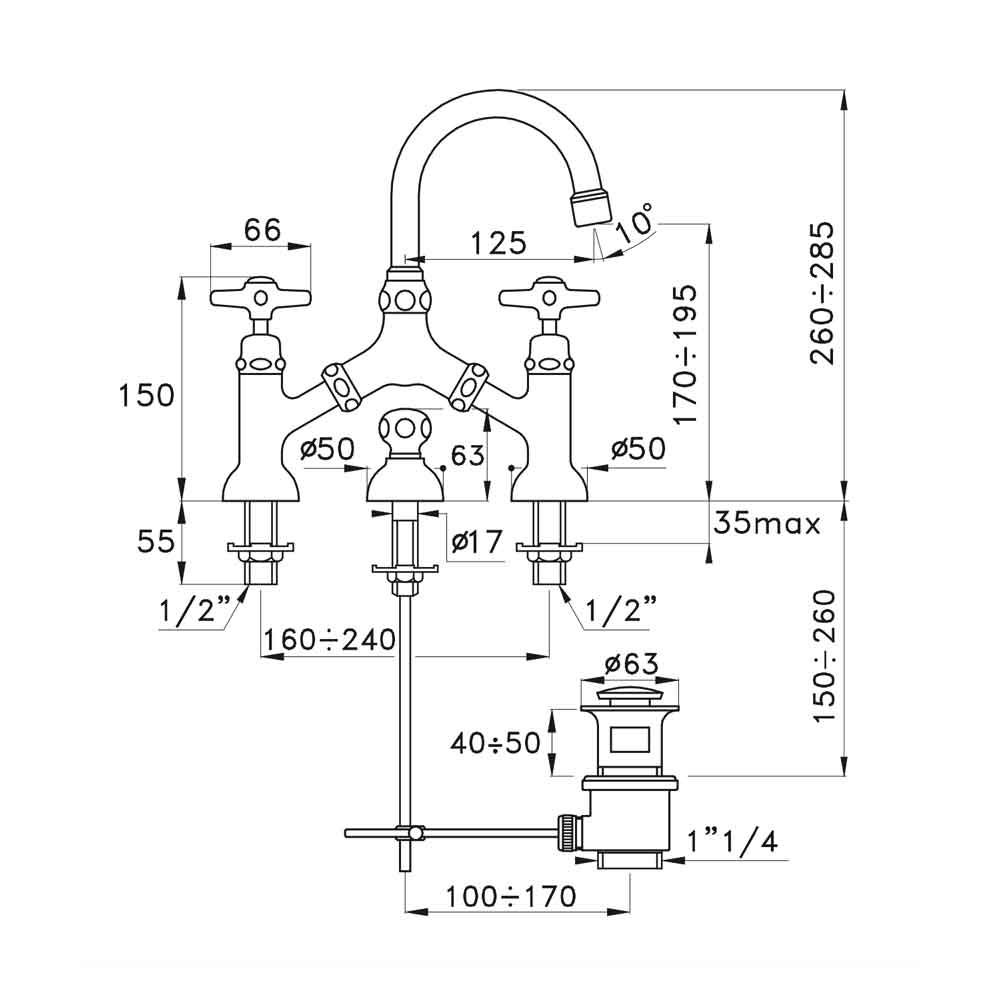  Vòi chậu lavabo cổ điển 2 lỗ bằng đồng Italica - 3215-351 