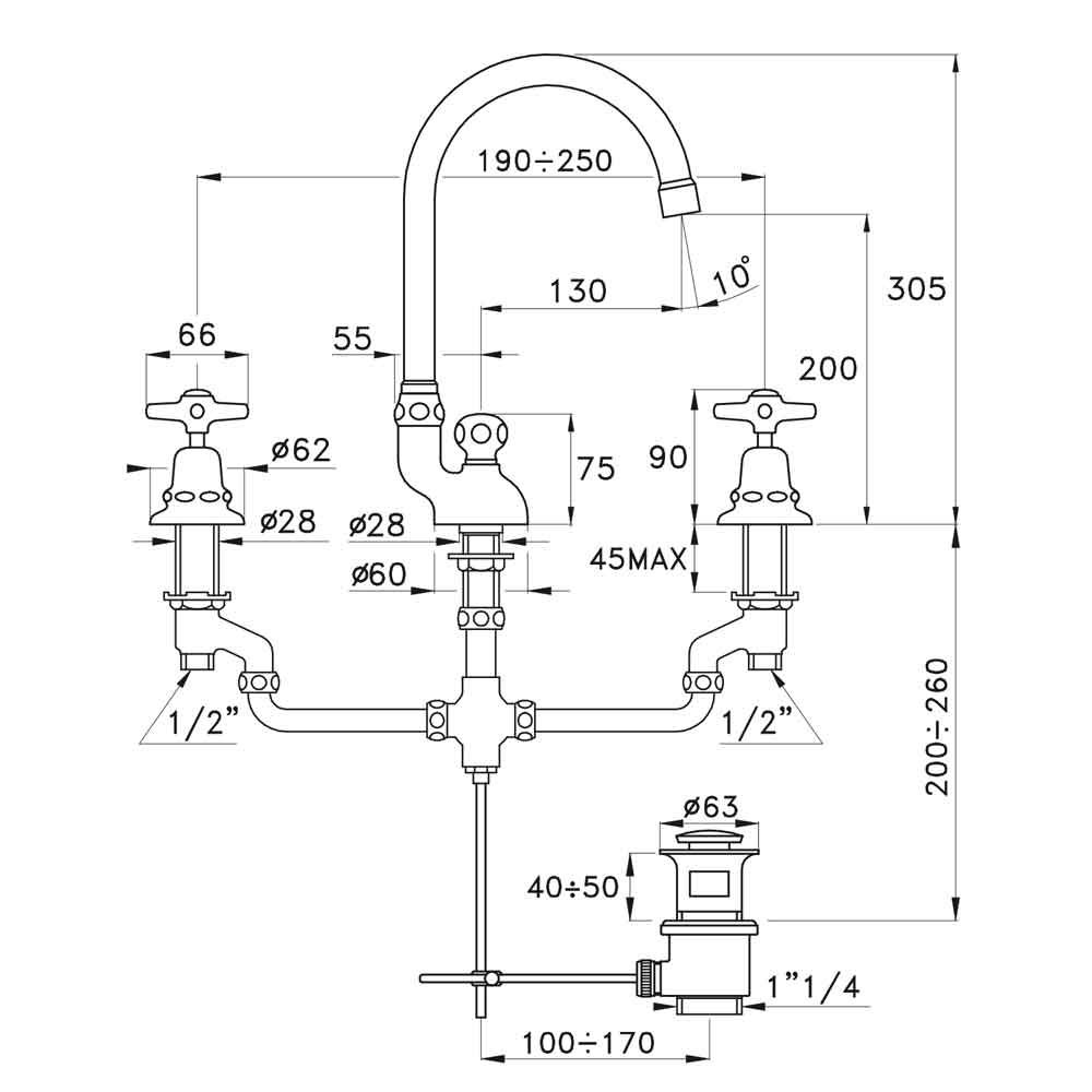  Vòi chậu lavabo cổ điển cao 305mm bằng đồng Italica - 3226 