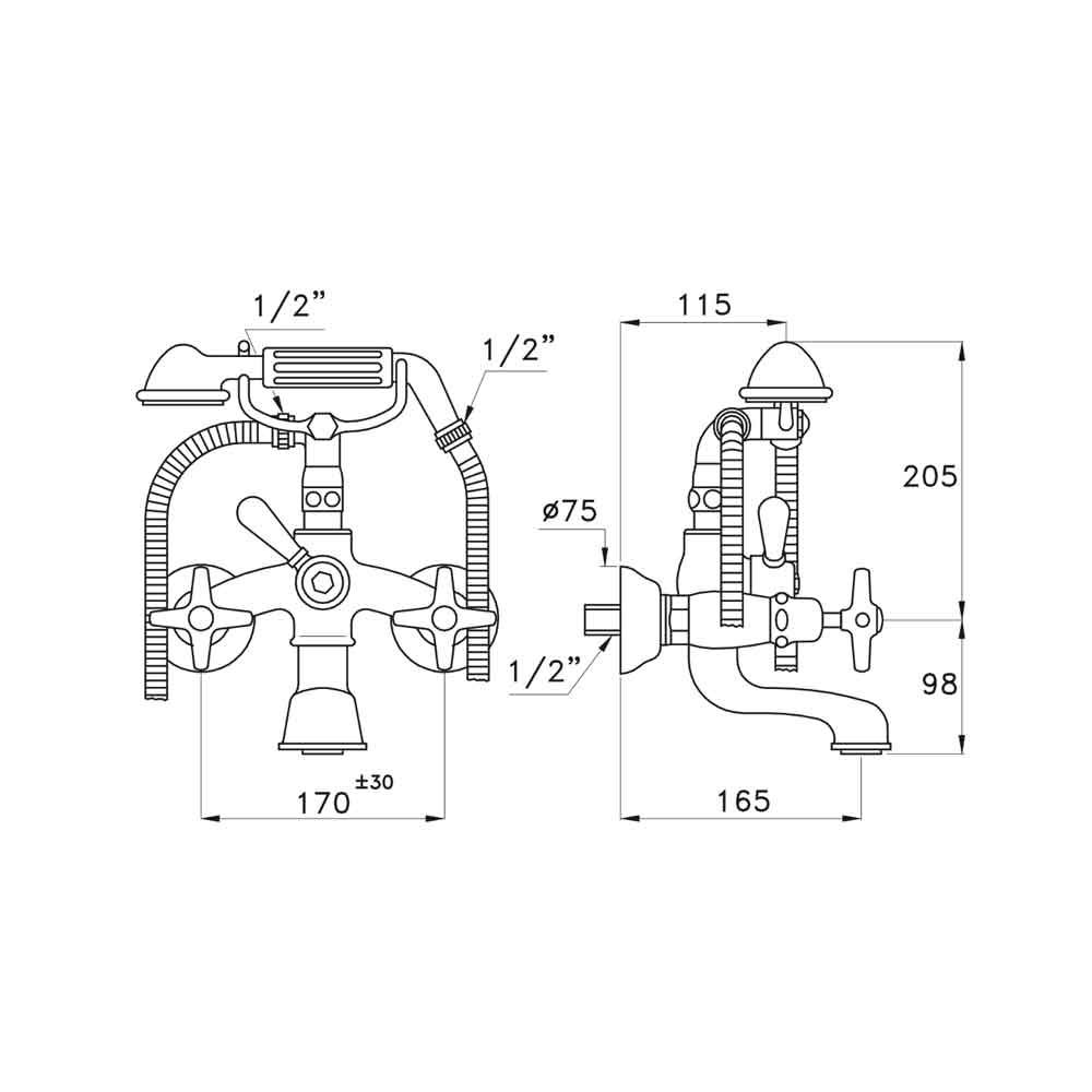  Vòi bồn tắm gắn tường có sen cầm tay cổ điển bằng đồng Italica - 3274-306 