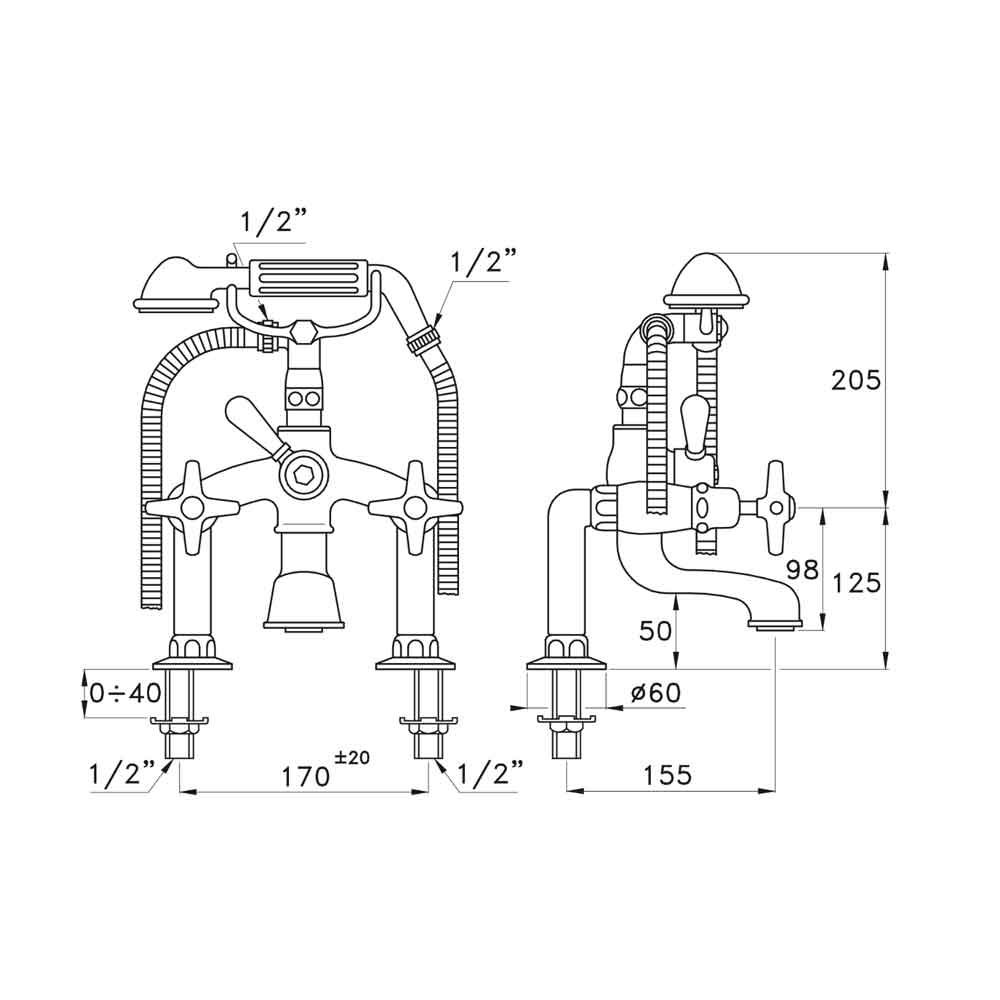  Vòi bồn tắm có sen cầm tay cổ điển bằng đồng Italica - 3274RG306 