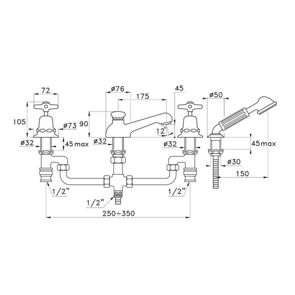  Vòi bồn tắm 4 lỗ có sen cầm tay cổ điển bằng đồng Italica - 3256-308 