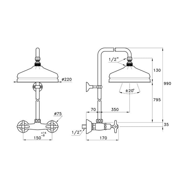  Sen cây gắn tường bát sen Ø220mm cổ điển bằng đồng Italica - 3283-301-314A-220 