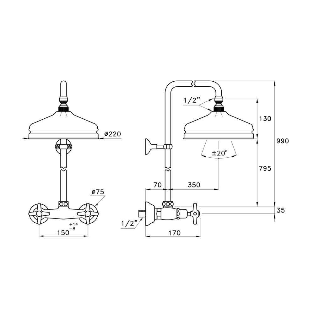  Sen cây gắn tường bát sen Ø220mm cổ điển bằng đồng Italica - 3283-301-314A-220 