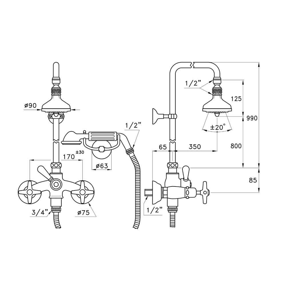  Sen cây gắn tường bát sen Ø90mm với vòi sen cầm tay cổ điển bằng đồng Italica - 3284-33-90 