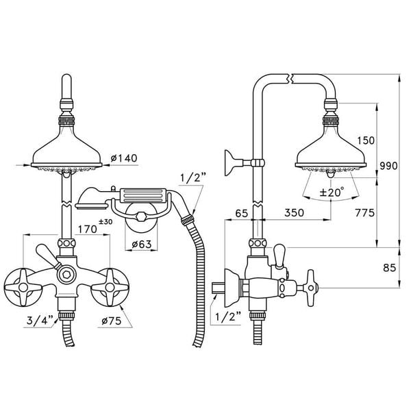  Sen cây gắn tường bát sen Ø140mm với vòi sen cầm tay cổ điển bằng đồng Italica - 3284-33-140 