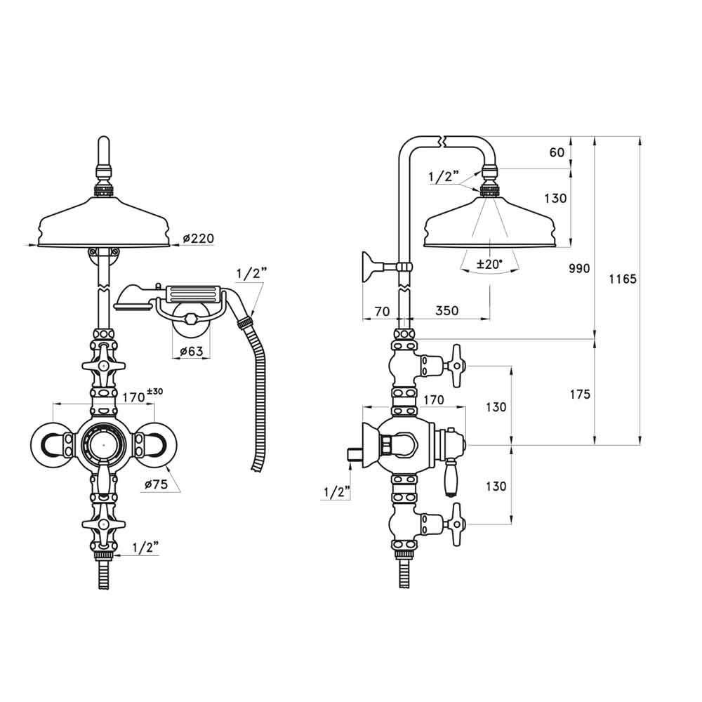  Sen cây điều chỉnh nhiệt độ bát sen Ø220mm với vòi sen cầm tay cổ điển bằng đồng Italica - IS3284-33-220 