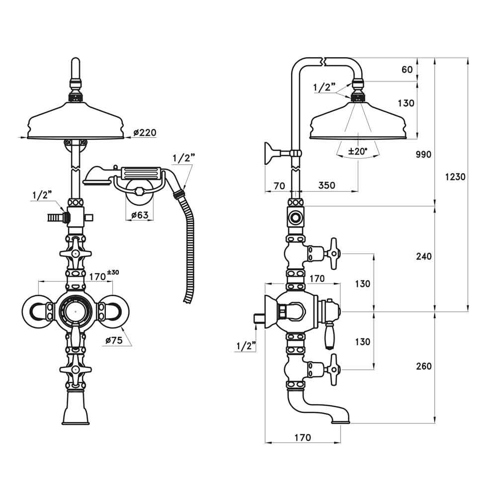 Sen cây điều chỉnh nhiệt độ bát sen Ø220mm sen cầm tay và vòi cấp nước cổ điển bằng đồng Italica - IS3274-33-220 