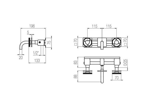  Vòi chậu lavabo gắn tường 3 lỗ dài 100mm bằng stainless steel Kàto - KAN27 