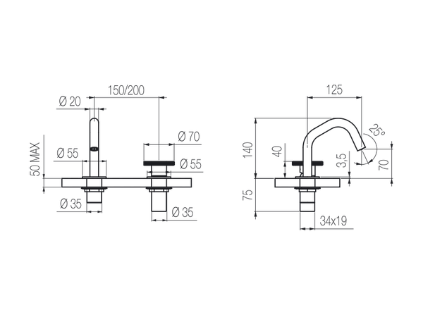  Vòi chậu lavabo xoay 2 lỗ cao 140mm bằng stainless steel Kàto - KAN32 