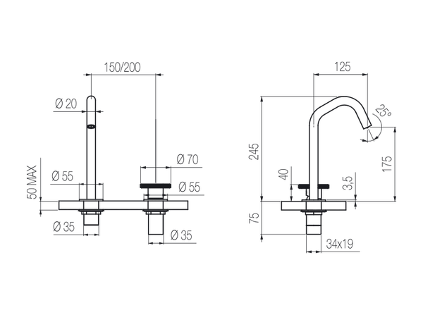  Vòi chậu lavabo xoay 2 lỗ cao 240mm bằng stainless steel Kàto - KAN33 