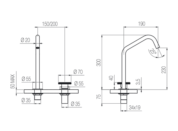  Vòi chậu lavabo xoay 2 lỗ cao 300mm bằng stainless steel Kàto - KAN35 