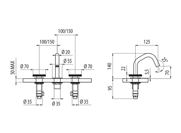  Vòi chậu lavabo xoay 3 lỗ cao 140mm bằng stainless steel Kàto - KAT23 