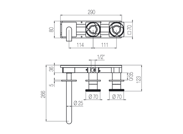  Vòi bồn tắm 3 lỗ gắn tường 2 đầu ra dài 190mm bằng stainless steel Kàto - KAT82 