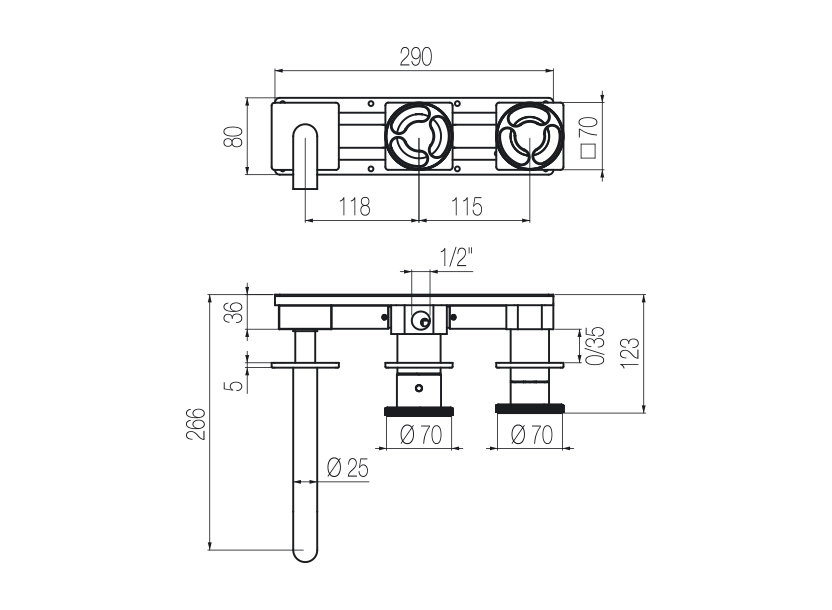  Vòi bồn tắm 3 lỗ gắn tường 3 đầu ra dài 190mm bằng stainless steel Kàto - KAT88 