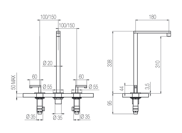  Vòi chậu lavabo xoay 3 lỗ cao 330mm bằng stainless steel Kira - KIR26 