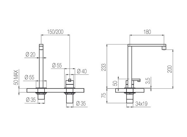  Vòi chậu lavabo xoay 2 lỗ cao 230mm bằng stainless steel Kira - KIR32 